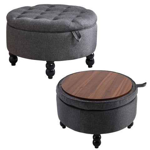 Livingandhome Linen Round Storage Ottoman with Tray Top Table, FA0016