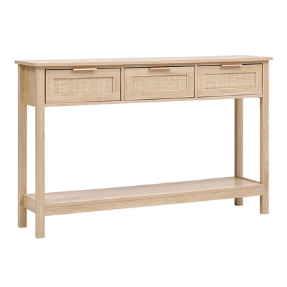 H&O Direct Rustic Wood Console Table with 3 Rattan Drawer, FL050309