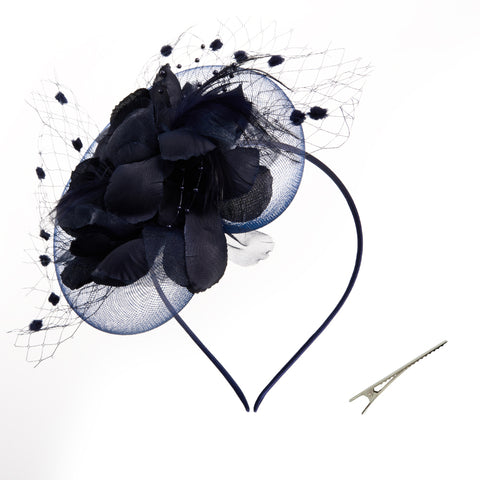 Navy Blue Vintage Flower Feather Mesh Fascinator, DQ0013(Ver.2)