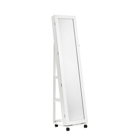 Livingandhome Freestanding White Jewelry Cabinet with Mirror on Wheels, FI0550