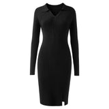 Long Sleeve Ribbed Knit Turn-Down Collar Midi Dress, CC061873
