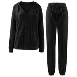 2-Piece Casual Ribbed Knit V-Neck Hooded Loungewear Set, CC062111