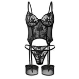 3-Piece Sexy Floral Embroidery Bodysuit Lingerie Set with Garter Belt, CC291215