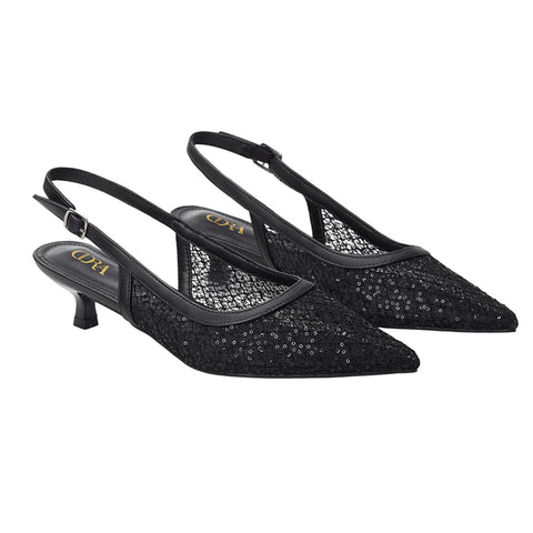 Pair of Lace Mesh Pointed Slingback Pumps Low Heels, CS300094 (VER.2)