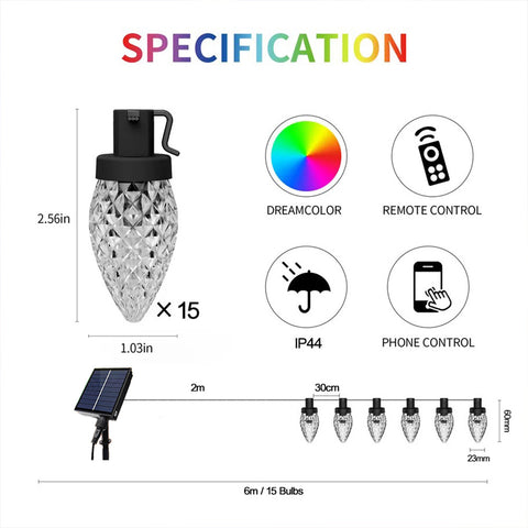 Solar Smart RGBIC String Light with 15 Candle Bulbs 6M cable with Remote Control, AJ1007