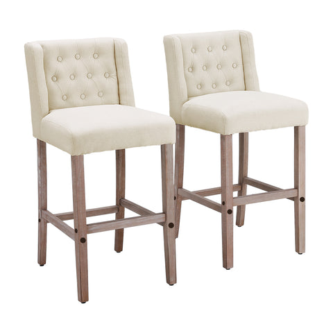 Livingandhome Rustic Set of 2 Bar Stools Linen Tufted with Wood Legs, ZH1426