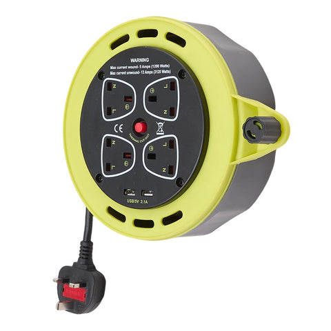 4-Socket 2 USB Ports Retractable Cable Reel 5M Length Cord, GT140065