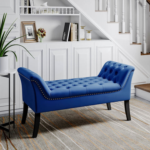 Livingandhome Contemporary Velvet Buttoned Bench with Black Wood Legs, JM2247