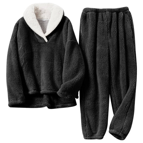 XL-size Lapel Collar Loungewear Winter Pullover Sleepwear Pajamas Set, WO0441