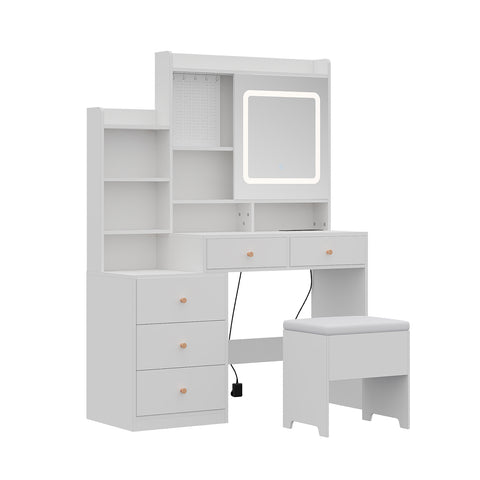 Dressing Table and Stool Set with LED Mirror and Built-in Electrical Outlet, FB490036FB490037