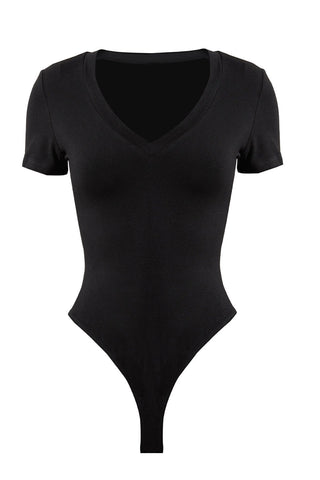 M-size Black Rayon Fiber V-Neck Short Sleeve Thong Shapewear Bodysuit Tops for Female, WO0250