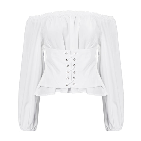 Casual Off-shoulder Lace-Up Cinched Waist Blouse with Long Sleeves, CC060362 (Ver.2)