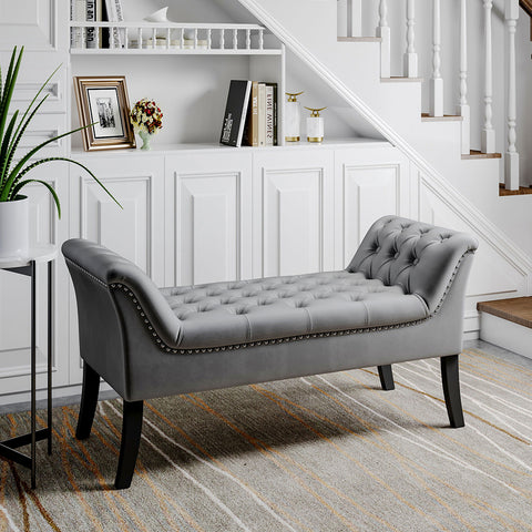Livingandhome Contemporary Velvet Buttoned Bench with Black Wood Legs, JM2248