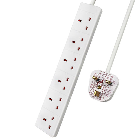 6 Way Extension Leads with Cable 3G1.25, 1M, White, Child-Resistant Sockets, AJ0946