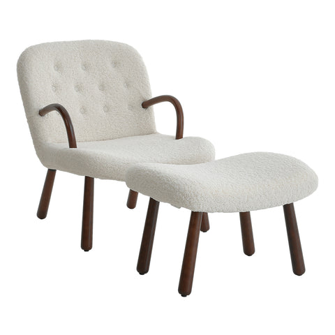 Livingandhome Sherpa Armchair and  Footstool Set with Wooden Legs, FA0432