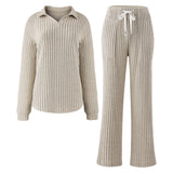 2-Piece Casual Turn-Down Collar Long-Sleeved Loungewear Set, CC062147