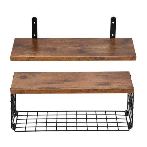 3-Tier Wall-mounted Floating Shelves with Wire Storage Basket, FL070061