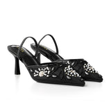 Closed Pointed-Toe Embellished Mesh Slingback Heels, CS300833
