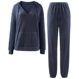 2-Piece Casual Ribbed Knit V-Neck Hooded Loungewear Set, CC062111