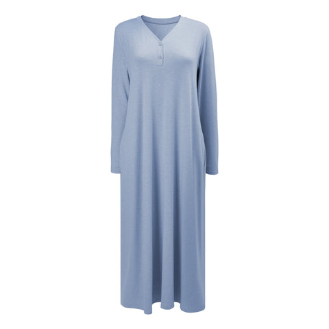 Cotton Button V-neck Long-Sleeve Nightdress, WO0702