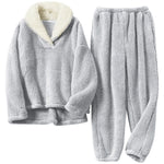 XL-size Female Lapel Collar Loungewear Winter Pullover Sleepwear Pajamas Set, WO0433