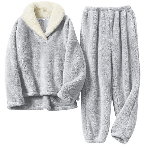 XL-size Female Lapel Collar Loungewear Winter Pullover Sleepwear Pajamas Set, WO0433
