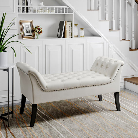 Livingandhome Contemporary Velvet Buttoned Bench with Black Wood Legs, JM2249