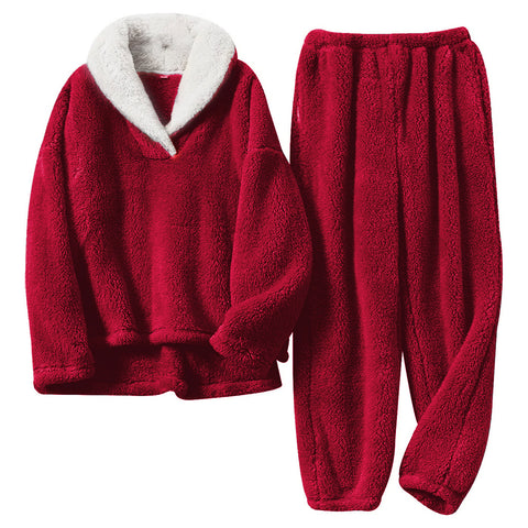 XL-size Lapel Collar Loungewear Winter Pullover Sleepwear Pajamas Set, WO0437 (Ver.2)