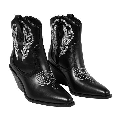 Embroidered Pointed Toe Cowboy Ankle Boots with Block Heel, CS300585