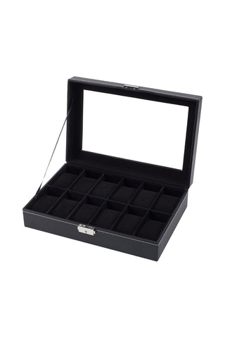 Sheonly 12-Slot Black Synthetic Leather Watch Display Box with Glass Lid, SW0830