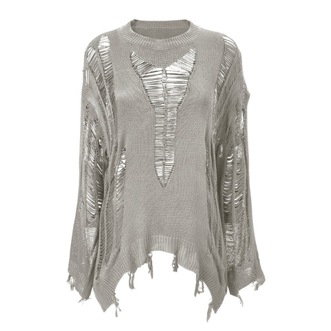 Hollow Out Distressed Oversized Knit Sweater with Long Sleeves, CC060212