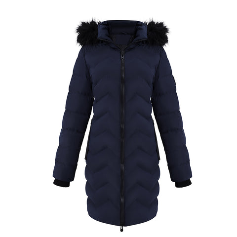Detachable Hooded Mid-length Chevron Quilted Coat with Faux Fur Trim, CC060796