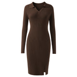 Long Sleeve Ribbed Knit Turn-Down Collar Midi Dress, CC061873