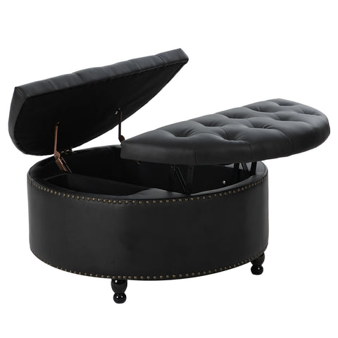 Round PU Leather Upholstered Storage Ottoman with Lift-Top & Flip Design, FL050274