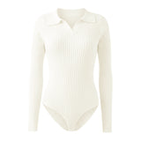 Long Sleeve Ribbed Knit Turn-Down Collar Bodysuit, CC061897