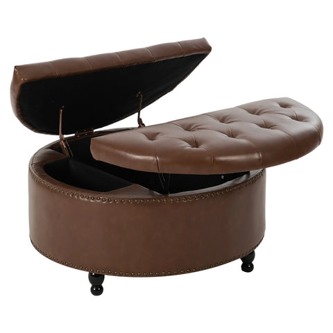 Round PU Leather Upholstered Storage Ottoman with Lift-Top & Flip Design, FL050273