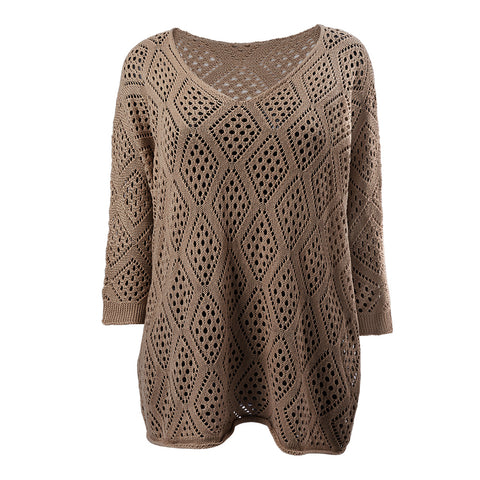 Solid Hollow Out Knitted Cover Up Top with Long Sleeves, CC060279 (Ver.2)