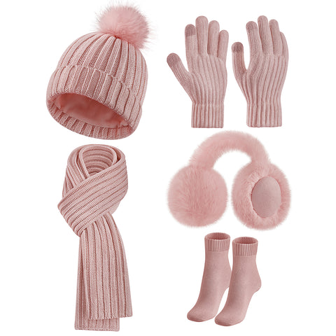 5 in 1 Winter Knitted Hat Scarf Gloves Set, WJ0014
