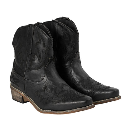 Embroidered Pointed Toe Cowboy Ankle Boots with Block Heel, CS300597
