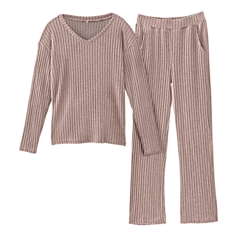 XL-szie Dark Khaki Loose V-neck Knit Loungewear Set, WO0405 (Ver.2)