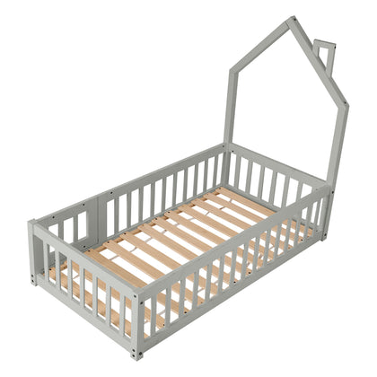 House-Shaped Headboard Floor Bed Frame with Guardrails, FB050038 (Ver.2)