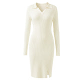 Long Sleeve Ribbed Knit Turn-Down Collar Midi Dress, CC061873