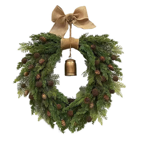 Pre-Lit Front Door Christmas Wreath Decorations with Bow and Bell, IF070103