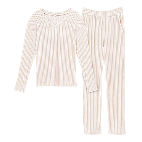 XL-szie Beige Loose V-neck Knit Loungewear Set, WO0401 (Ver.2)