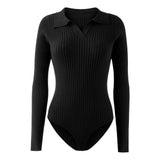 Long Sleeve Ribbed Knit Turn-Down Collar Bodysuit, CC061897