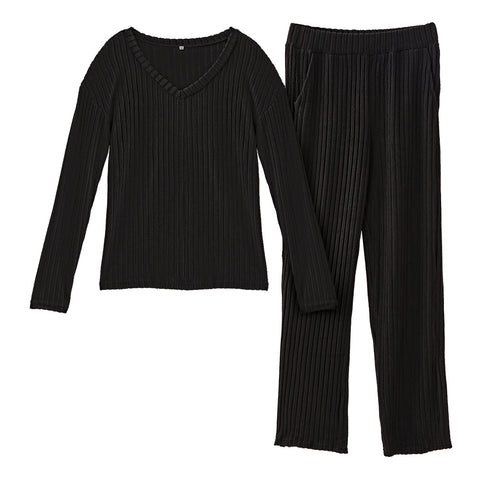 XL-szie Black Loose V-neck Knit Loungewear Set, WO0409 (Ver.2)