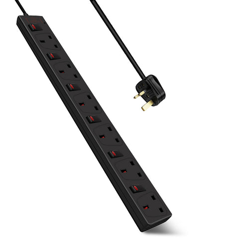 6 Way Socket with Cable 3G1.25, 3M, Black, with Indicate Light, Individual Switch, Child-Resistant Sockets, Surge Indicator, AJ0944
