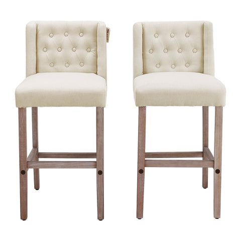 Livingandhome Rustic Set of 2 Bar Stools Linen Tufted with Wood Legs, FA0429