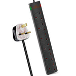 6 Way Socket with Cable 3G1.25, 5M, Black, with Power Indicater, Child-Resistant Sockets, Surge Indicator, AJ0077