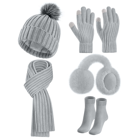 5 in 1 Winter Knitted Hat Scarf Gloves Set, WJ0013